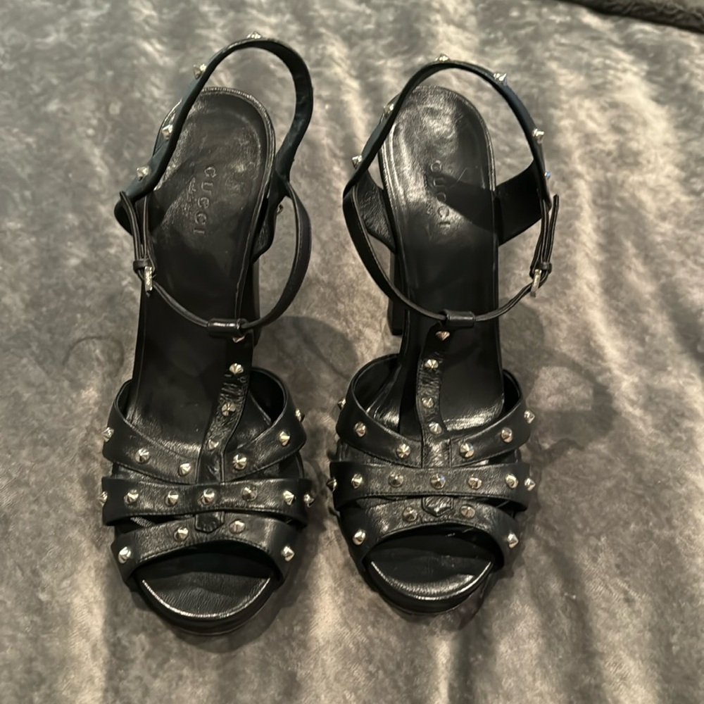 Gucci Black Leather Silver Studded Heels